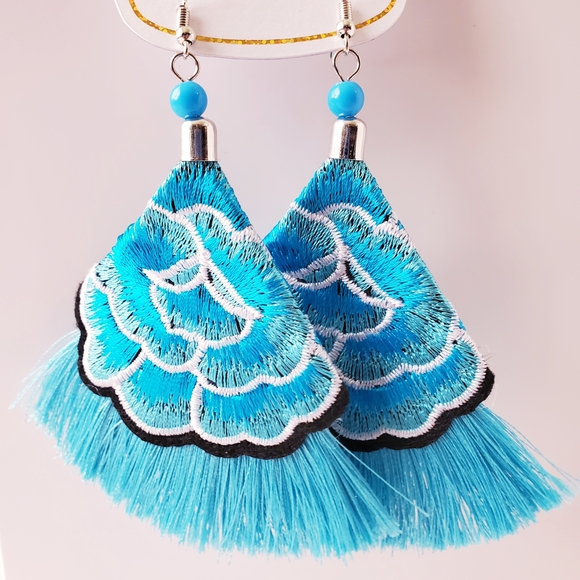 Turquoise Blue Embroidered Tassel Fringe Earrings by Superstar Accessories - Picture 5 of 5